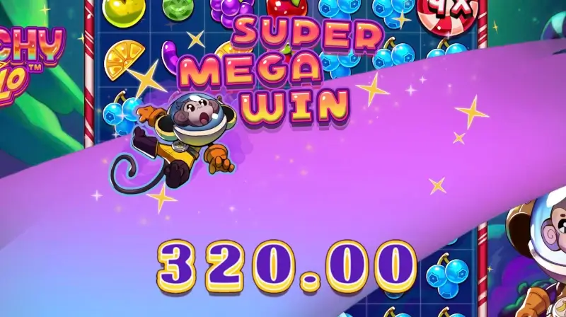 Munchy Milo Super Mega Win screen showing a 320.00 payout